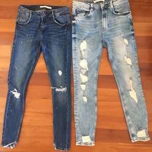 Zara skinny dark wash distressed dark jeans (left)